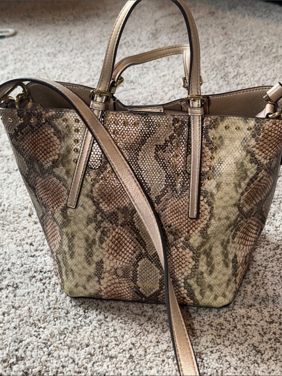 Calvin Klein Handbags - Calvin Klein Snake-Print Studded Tote Bag in Beige and Brown
